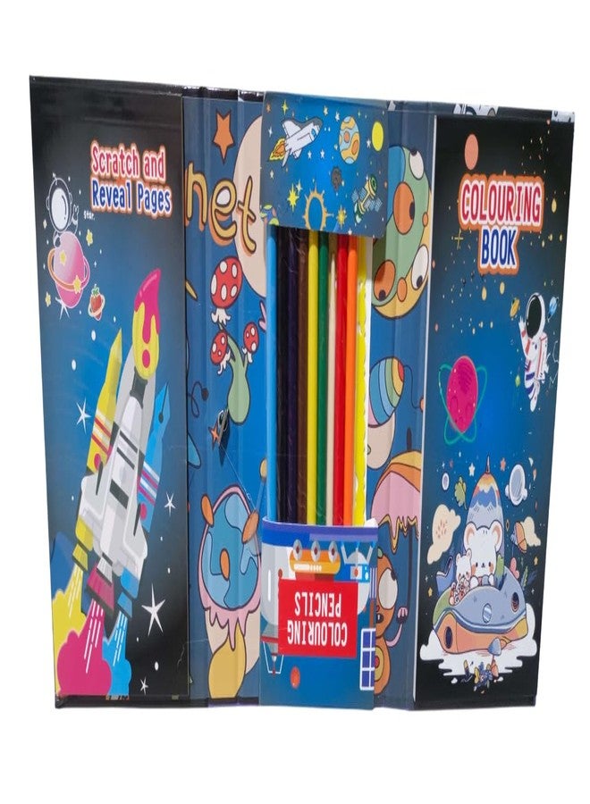 ONOTIC 2 in 1 Coloring Book Set & Scratch Pad with 8 Dual Color Pencil Birthday Gift Return Gift for Kids (Space N) - Image 1